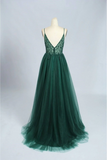 Emerald Green Tulle Prom Dress Beaded V Neck Party Gown PFP2447