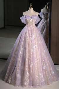 A Line Off Shoulder Tulle Lace Purple Long Prom Dress, Purple Formal Dress PFP2448