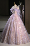 A Line Off Shoulder Tulle Lace Purple Long Prom Dress, Purple Formal Dress PFP2448