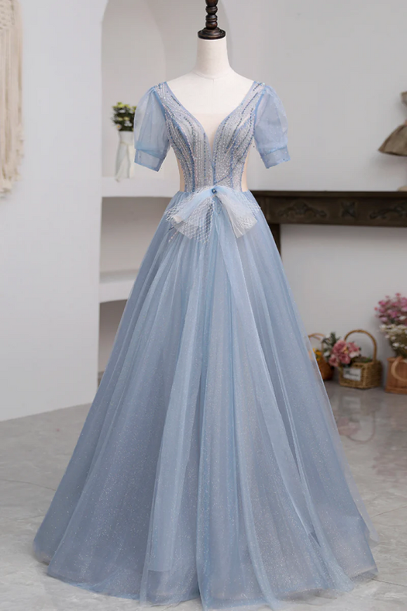 Blue Short Sleeve Tulle Floor Length Prom Dress with Beaded, Blue A Li Promfast Blue Short Sleeve Tulle Floor Length Prom Dress with Beaded, Blue A Li Promfast