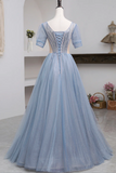 Blue Short Sleeve Tulle Floor Length Prom Dress with Beaded, Blue A Line Evening Dress PFP2449