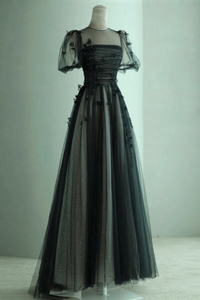 A Line Black Puff Sleeves Tulle Long Prom Dress, Black Formal Evening Dress PFP2450