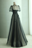 A Line Black Puff Sleeves Tulle Long Prom Dress, Black Formal Evening Dress PFP2450