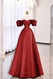 Burgundy Satin Tulle Long Prom Dress, Off the Shoulder Evening Party Dress PFP2451