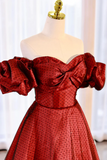 Burgundy Satin Tulle Long Prom Dress, Off the Shoulder Evening Party Dress PFP2451