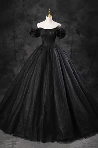 Black Tulle Floor Length A Line Prom Dress, Off the Shoulder Evening Party Dress PFP2453