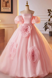 Pink A Line Sweetheart Ball Gown Formal Dress with Flowers, Off the Shoulder Evening Party Dress PFP2454