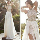 A-line Halter High Neck Lace Ivory Beach Wedding Dress,Prom Dresses PFP2455