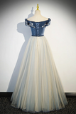 Blue Beading Appliques V Neck Floor Length Prom Dress, Off the Shoulder Princess A Line Formal Dress PFP2456