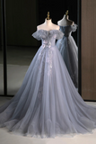 Gray Tulle Floor Length Prom Dress, Beautiful A Line Off the Shoulder Evening Party Dress PFP2457