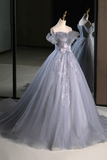 Gray Tulle Floor Length Prom Dress, Beautiful A Line Off the Shoulder Evening Party Dress PFP2457
