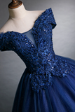 Blue Tulle Lace Long A Line Ball Gown, Off the Shoulder Evening Party Dress PFP2458