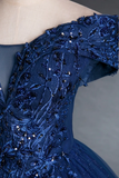 Blue Tulle Lace Long A Line Ball Gown, Off the Shoulder Evening Party Dress PFP2458