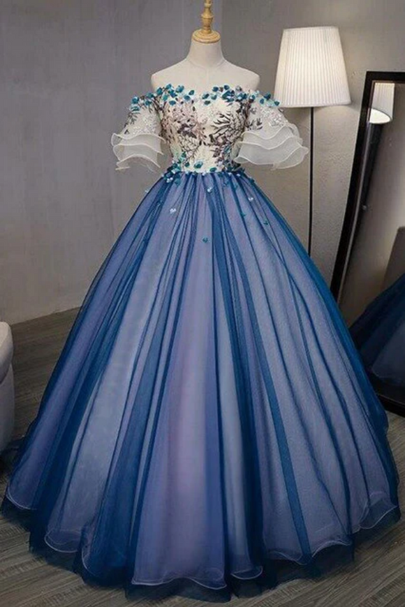 Ball Gown Off the Shoulder Short Sleeve Lace up Sweetheart Prom Dress with Appliques PFP2460