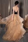 Shiny Spaghetti Straps V Neck Prom Dress, A Line Evening Dress With Layers PFP2462