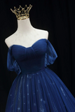 A Line Off Shoulder Sweetheart Neck Dark Blue Long Prom Dress, Blue Formal Dress PFP2464