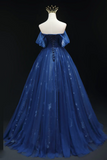 A Line Off Shoulder Sweetheart Neck Dark Blue Long Prom Dress, Blue Formal Dress PFP2464