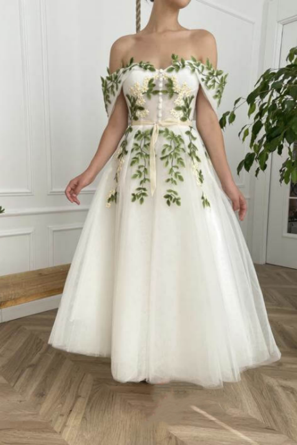Off the Shoulder Maxi Formal Dress Green Leaf Appliqued Prom Dress PFP –  Promfast
