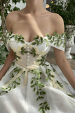 Off the Shoulder Maxi Formal Dress Green Leaf Appliqued Prom Dress PFP2465