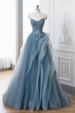 A Line off Shoulder Tulle Lace Gray Blue Long Prom Dress, Blue Long Formal Dress PFP2469