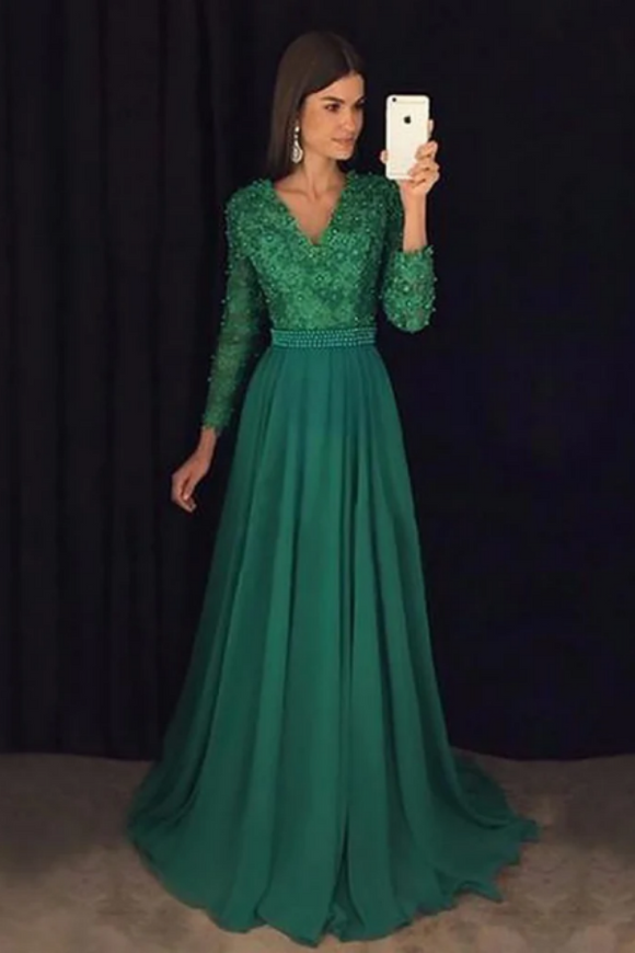 A Line V Neck Emerald Green Long Sleeves Prom Dress, Green Formal Dress, Graduation Dress PFP2470