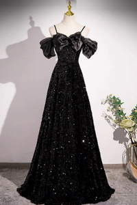 Black Off Shoulder Velvet Sequin Long Prom Dress, Black Long Evening Dress PFP2471