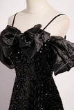 Black Off Shoulder Velvet Sequin Long Prom Dress, Black Long Evening Dress PFP2471