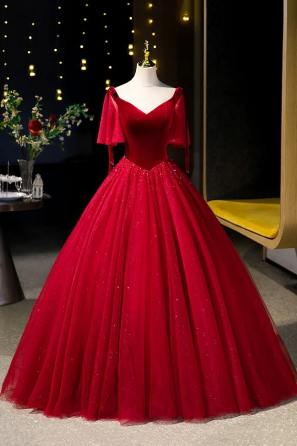 Burgundy Velvet and Tulle Long Prom Dress, A Line V Neck Formal Evening Dress PFP2472