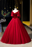 Burgundy Velvet and Tulle Long Prom Dress, A Line V Neck Formal Evening Dress PFP2472