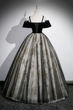Black Velvet and Sequins Long Prom Dress, Black Off the Shoulder A Line Evening Dress PFP2474