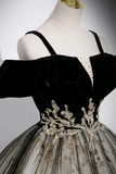 Black Velvet and Sequins Long Prom Dress, Black Off the Shoulder A Line Evening Dress PFP2474