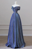 Simple A Line Shiny Satin Blue Long Prom Dress, Blue Long Formal Dress PFP2475