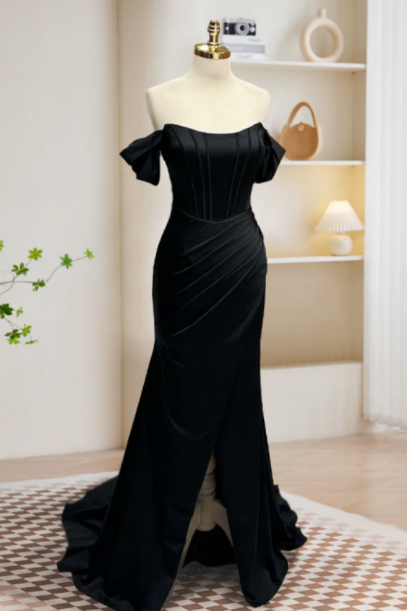 Black Off Shoulder Satin Mermaid Long Prom Dress, Black Long Evening Dress PFP2476
