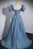 A Line Puff Sleeves Satin Blue Long Prom Dress, Blue Long Formal Dress PFP2477