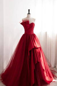 Strapless Burgundy Tulle Satin Long Prom Dresses, Wine Red Long Fomal Gowns PFP2480