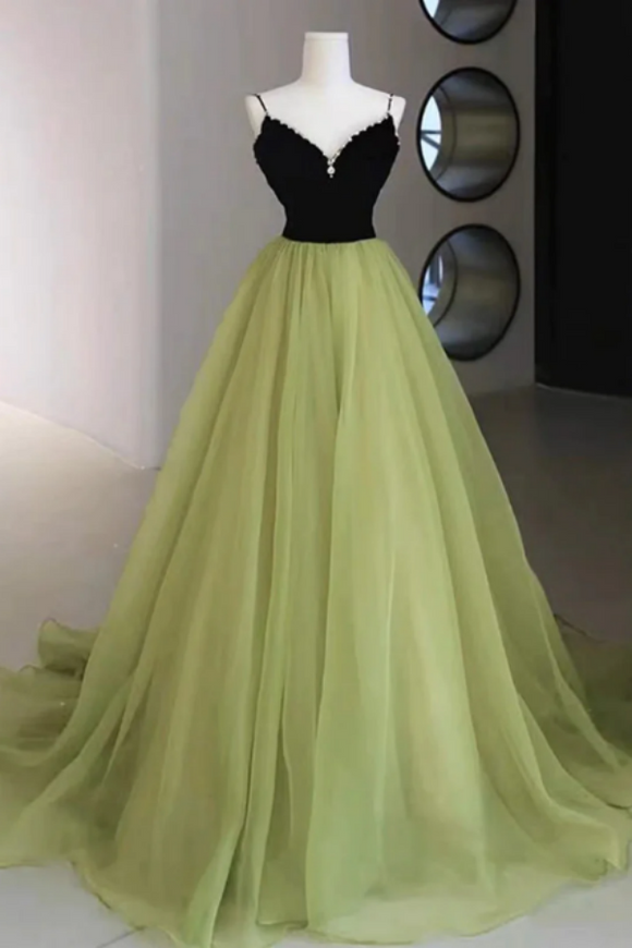 A Line V Neck Black and Green Tulle Long Prom Dresses, Black and Green Tulle Long Formal Evening Dresses PFP2481