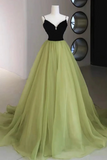 A Line V Neck Black and Green Tulle Long Prom Dresses, Black and Green Tulle Long Formal Evening Dresses PFP2481