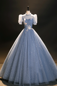 Blue Tulle Floor Length Prom Dress, A Line Short Sleeve Evening Dress PFP2482