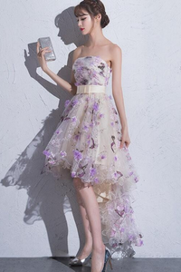 Unique Flowers Tulle High Low Scoop Party Dress, Short Homecoming Dress PFP2484