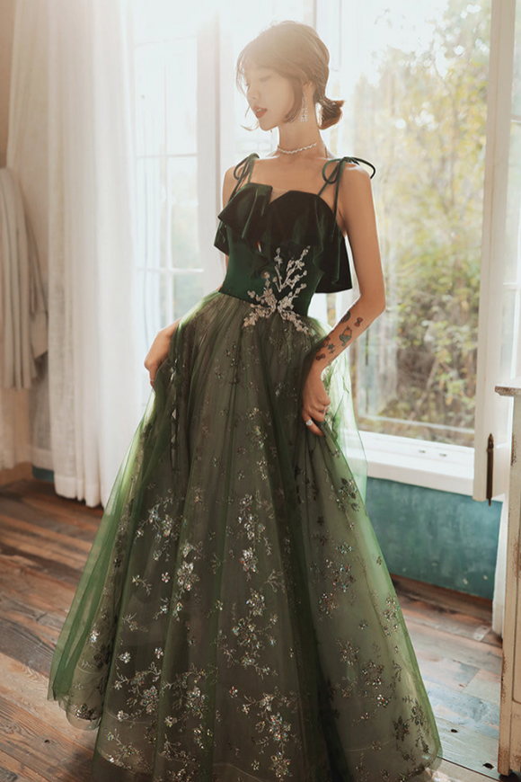 Dark Green Straps Tulle with Velvet Party Dress, Green Evening Gown Prom Dress PFP2485