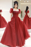 Burgundy Tulle Beaded Floor Length Prom Dress, Beautiful Short Sleeve Evening Party Dress PFP2486