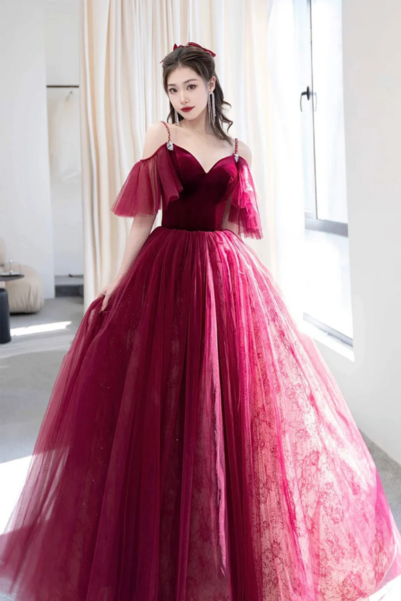 Burgundy V Neck Velvet and Tulle Long Prom Dress, A Line Spaghetti Strap Formal Evening Dress PFP2487