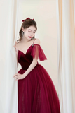 Burgundy V Neck Velvet and Tulle Long Prom Dress, A Line Spaghetti Strap Formal Evening Dress PFP2487