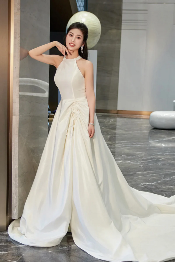 White Satin Long Prom Dress with Slit, Elegant A Line Backless Evening Party Dress PFP2488