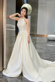 White Satin Long Prom Dress with Slit, Elegant A Line Backless Evening Party Dress PFP2488