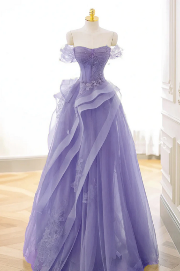 A Line Off Shoulder Tulle Lace Purple Long Prom Dress, Purple Lace Long Formal Dress PFP2490