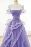 A Line Off Shoulder Tulle Lace Purple Long Prom Dress, Purple Lace Long Formal Dress PFP2490