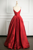 Red V Neck Satin Long A Line Prom Dress, Simple A Line Backless Evening Party Dress PFP2491