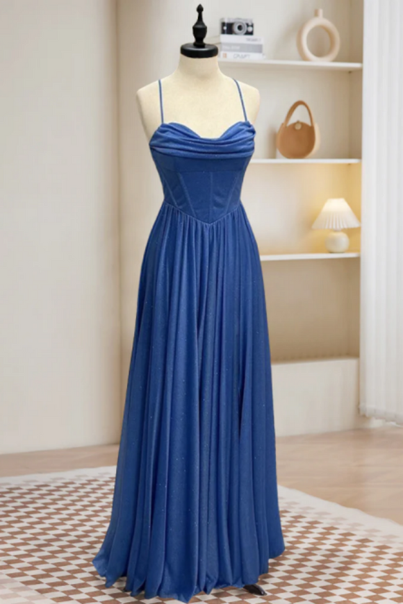 A Line Sweetheart Neck Blue Long Prom Dress, Backless Blue Long Evening Dress PFP2492