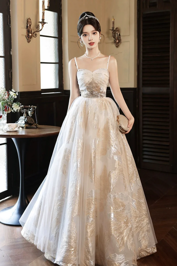 Champagne Spaghetti Strap Tulle Formal Dress, A Line Sweetheart Neck Evening Party Dress PFP2493